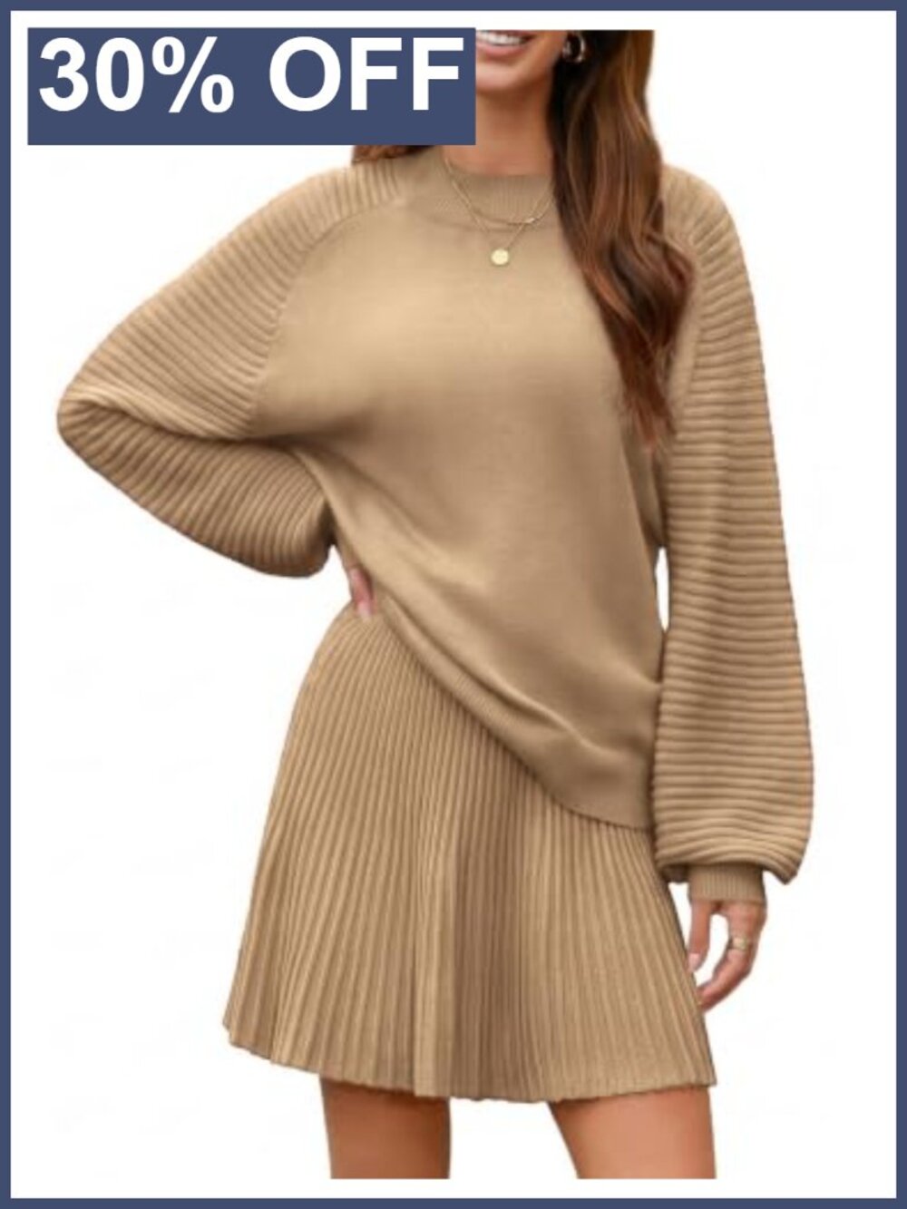 Ribbed Knit Mock Neck Puff Sleeve Sweater & Pleated Mini Skirt 2 Piece Set